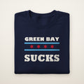 Green Bay Sucks Chicago Flag crewneck in Navy, flat lay with blue bars and four red stars
