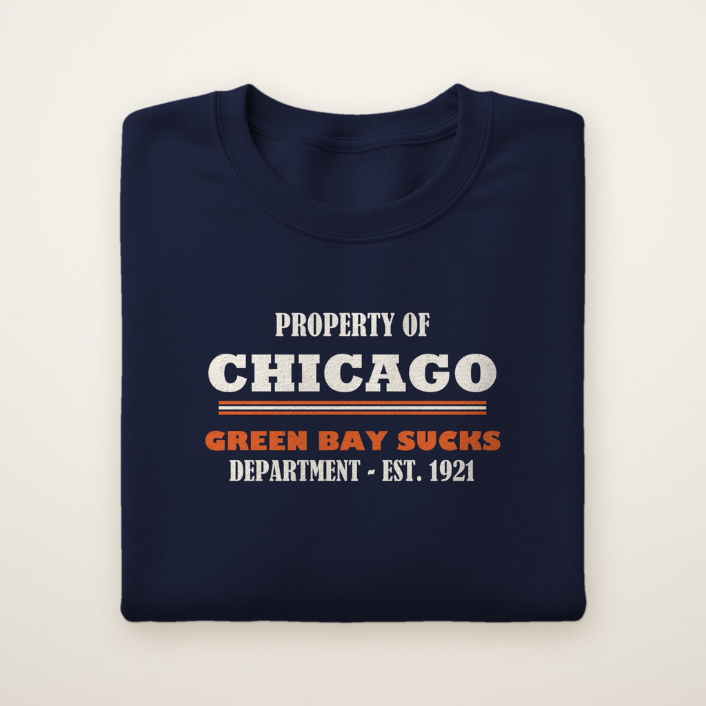 Property of Chicago Green Bay Sucks Dept. crewneck in Navy, flat lay with athletic-department print
