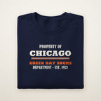 Property of Chicago Green Bay Sucks Dept. crewneck in Navy, flat lay with athletic-department print