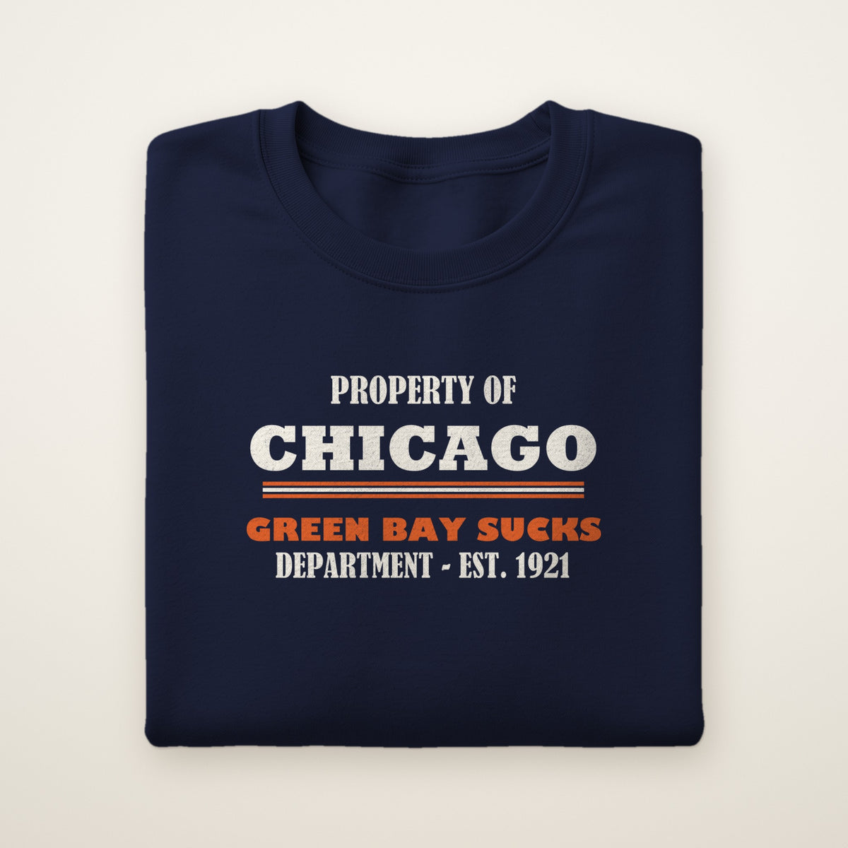 Property of Chicago Green Bay Sucks Dept. crewneck in Navy, flat lay with athletic-department print