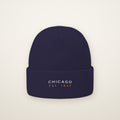 Chicago Est. 1837 embroidered cuffed beanie in Navy, white and old gold thread