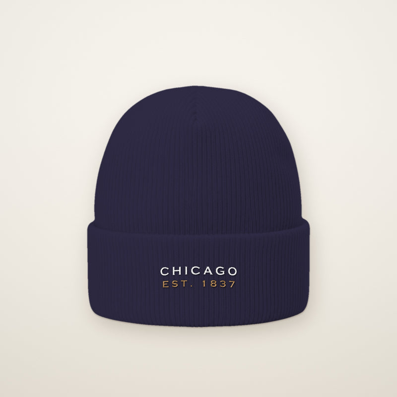Chicago Est. 1837 embroidered cuffed beanie in Navy, white and old gold thread