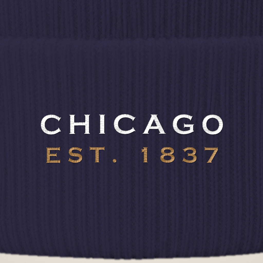 Close-up of CHICAGO EST. 1837 embroidery on the beanie cuff