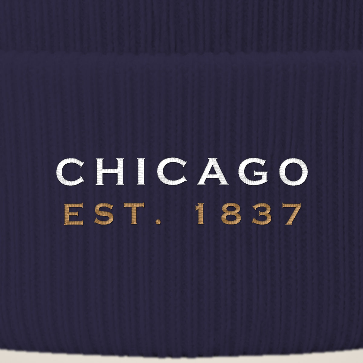Close-up of CHICAGO EST. 1837 embroidery on the beanie cuff