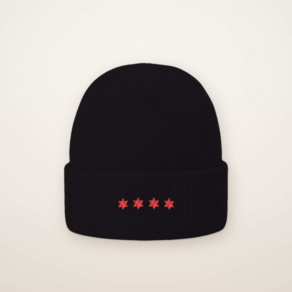 Chicago Four Stars embroidered cuffed beanie in Black with four red flag stars