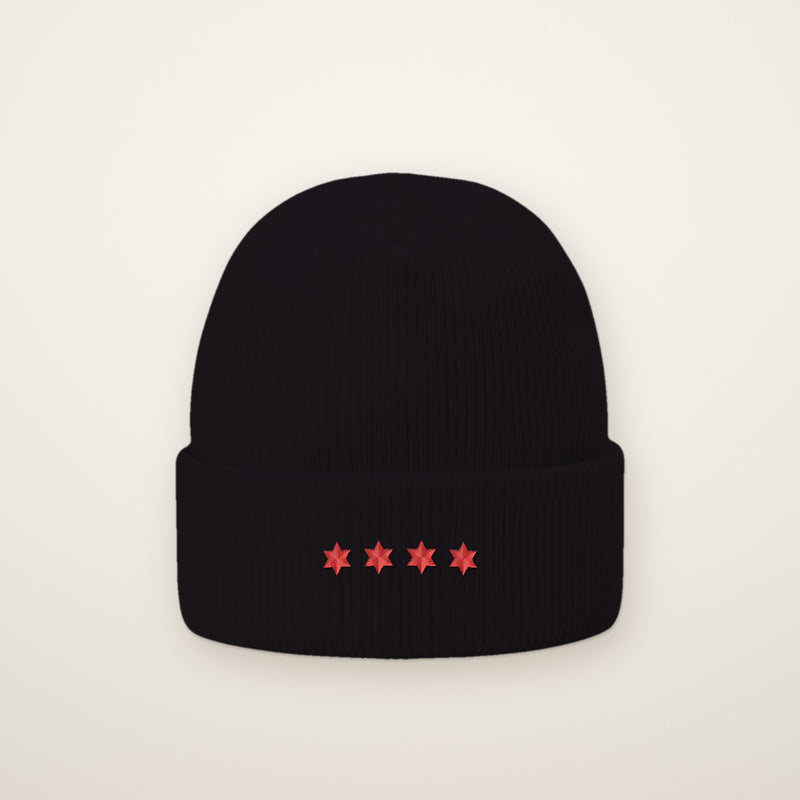 Chicago Four Stars embroidered cuffed beanie in Black with four red flag stars