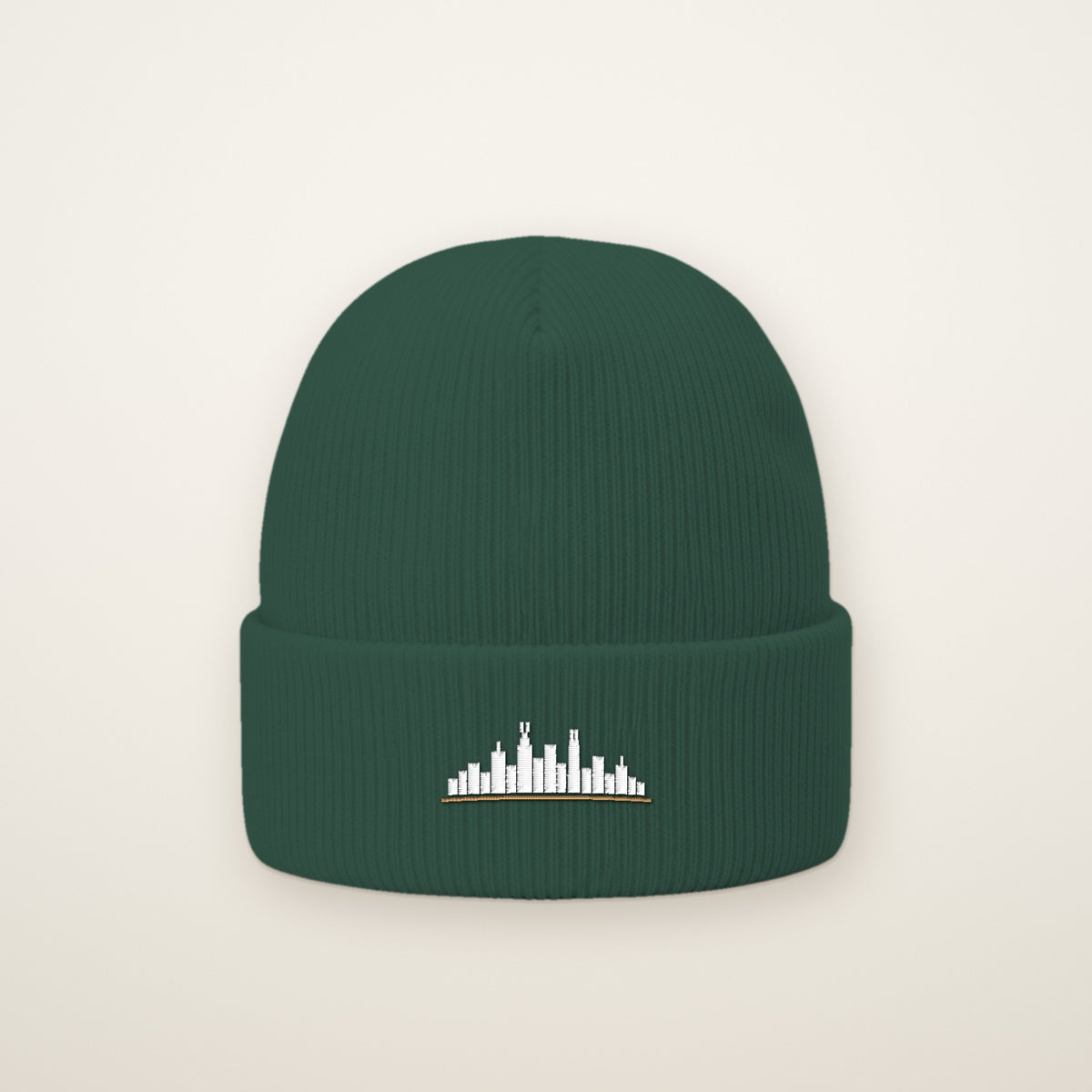 Chicago skyline embroidered cuffed beanie in Spruce green