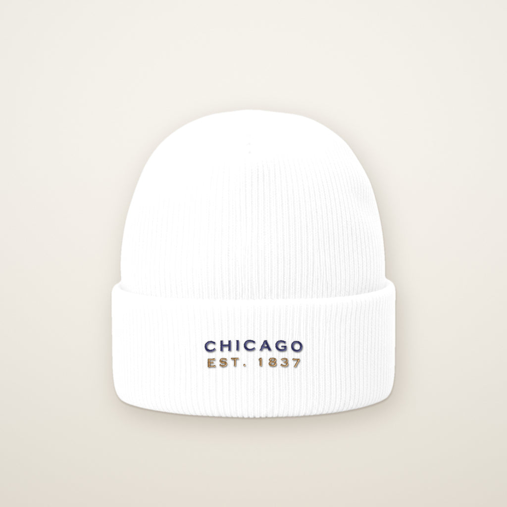 Chicago Est. 1837 embroidered cuffed beanie in White with navy thread