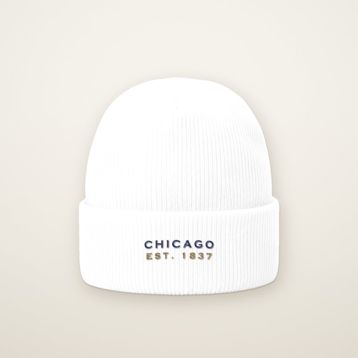 Chicago Est. 1837 embroidered cuffed beanie in White with navy thread