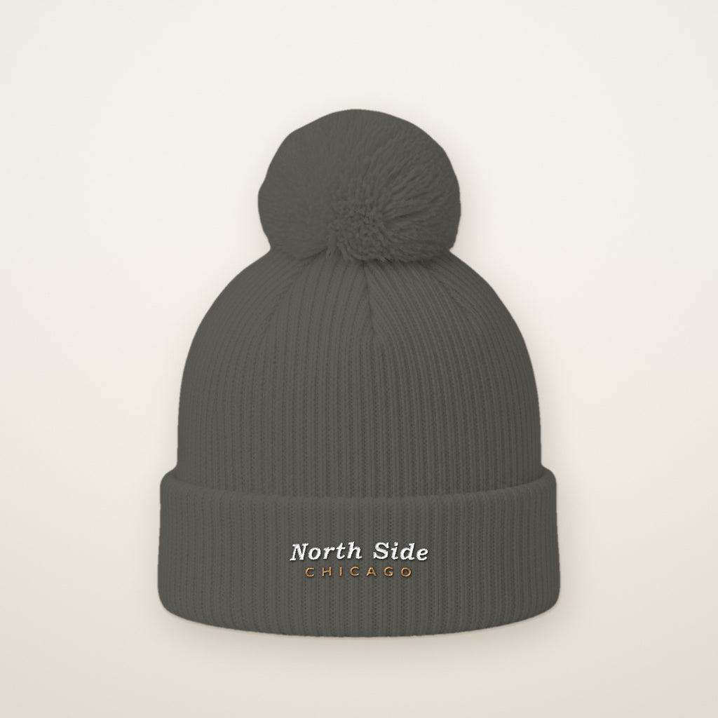 North Side Chicago embroidered pom-pom beanie in Dark Heather Grey
