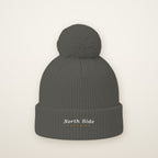 North Side Chicago embroidered pom-pom beanie in Dark Heather Grey