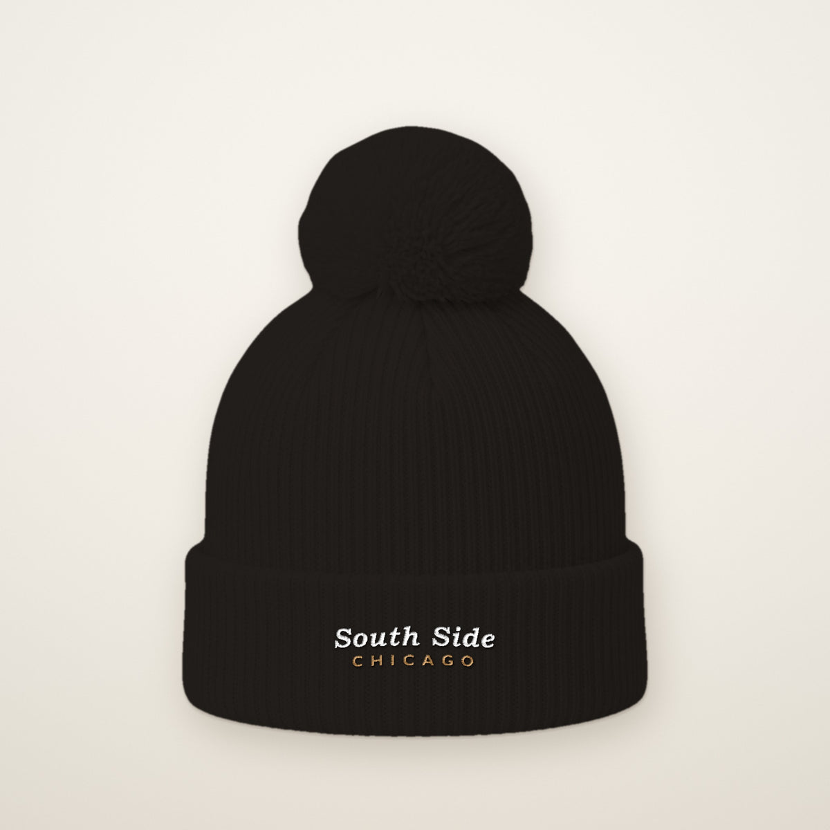 South Side Chicago embroidered pom-pom beanie in Black
