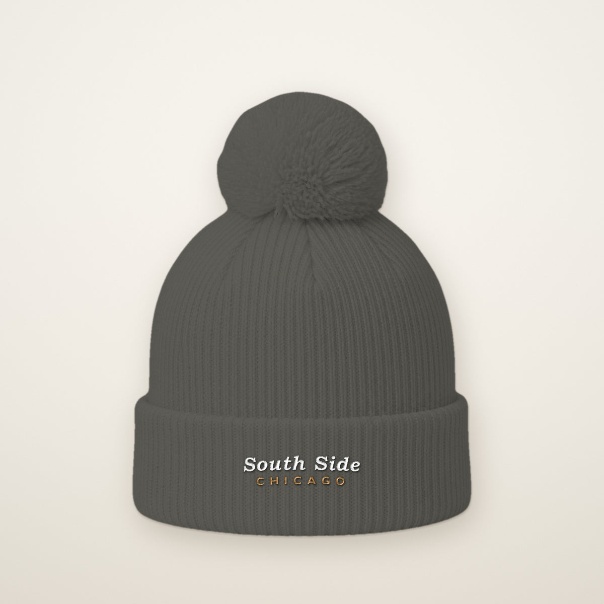 South Side Chicago embroidered pom-pom beanie in Dark Heather Grey