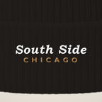 Close-up of South Side Chicago embroidery on the pom-pom beanie cuff
