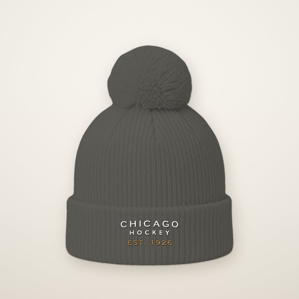 Chicago Hockey Est. 1926 embroidered pom-pom beanie in Dark Heather Grey