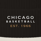 Close-up of CHICAGO BASKETBALL EST. 1966 embroidery on the pom-pom beanie cuff
