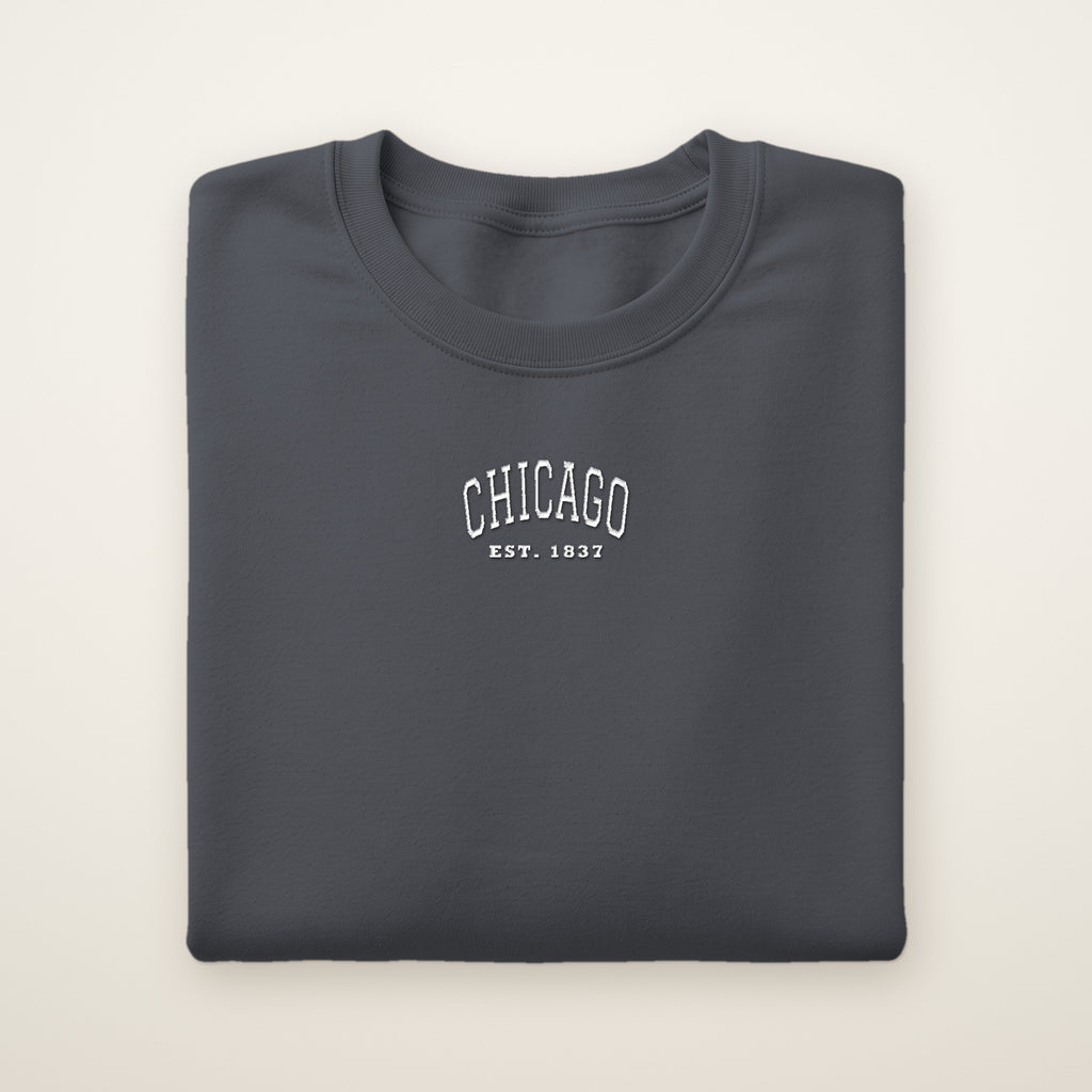 Chicago embroidered youth crewneck in Dark Heather with white thread