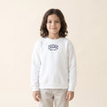 Child wearing the Chicago embroidered youth crewneck in White, navy thread