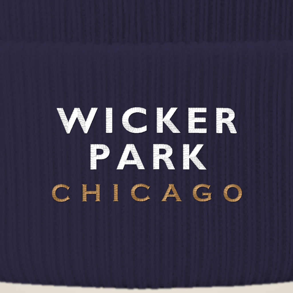 Wicker Park Chicago embroidery close-up in white and old gold thread
