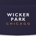 Wicker Park Chicago embroidery close-up in white and old gold thread