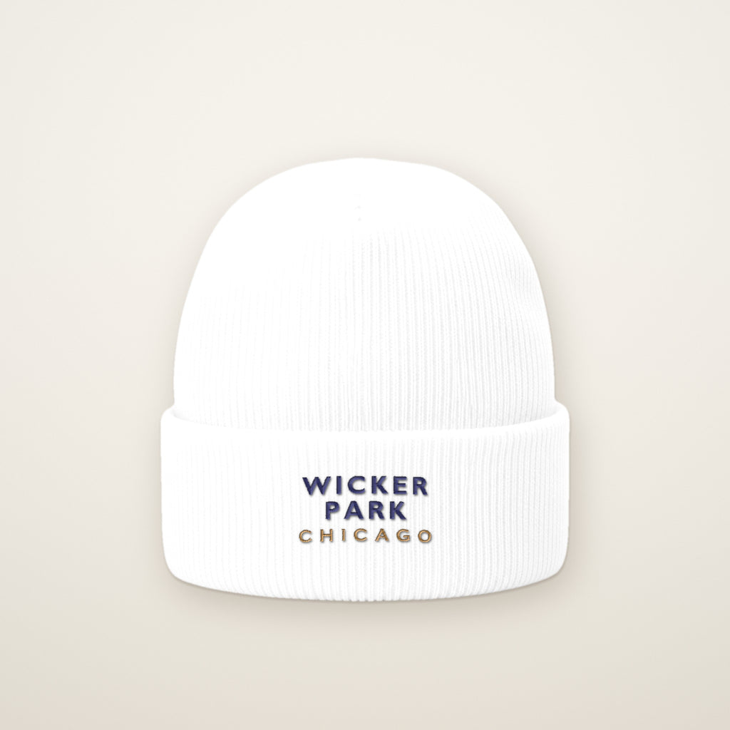 Wicker Park Chicago Embroidered Cuffed Beanie, White, front view