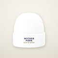 Wicker Park Chicago Embroidered Cuffed Beanie, White, front view