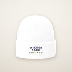 Wicker Park Chicago Embroidered Cuffed Beanie, White, front view