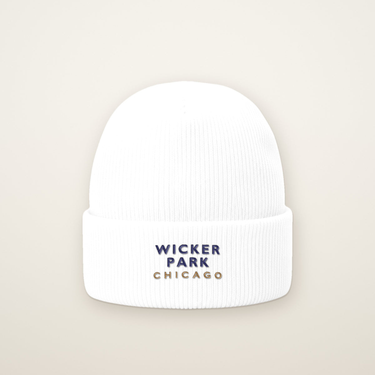 Wicker Park Chicago Embroidered Cuffed Beanie, White, front view