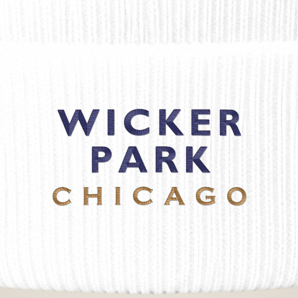 Wicker Park Chicago embroidery close-up in navy and old gold thread