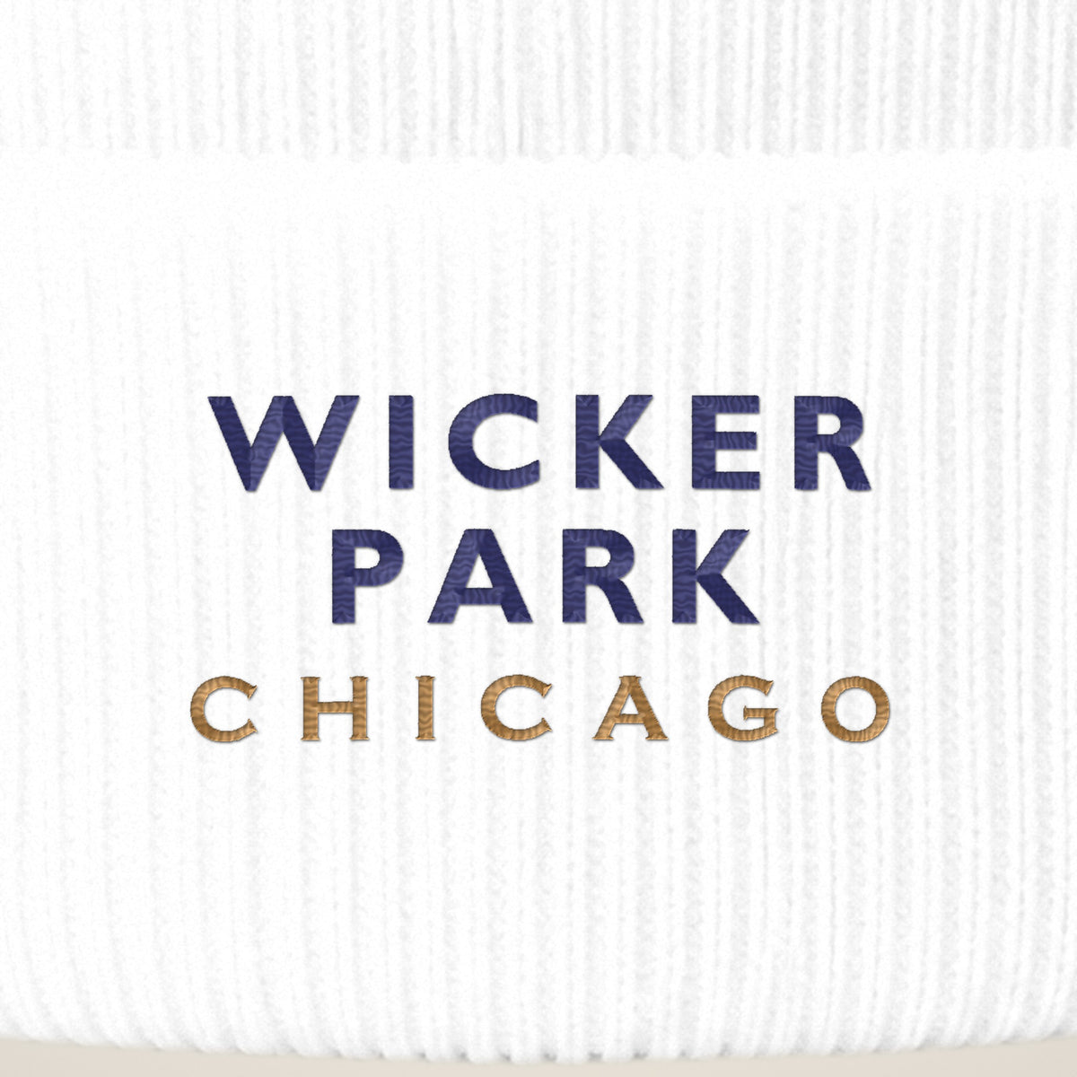 Wicker Park Chicago embroidery close-up in navy and old gold thread