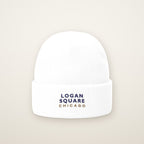 Logan Square Chicago Embroidered Cuffed Beanie, Navy Thread, White