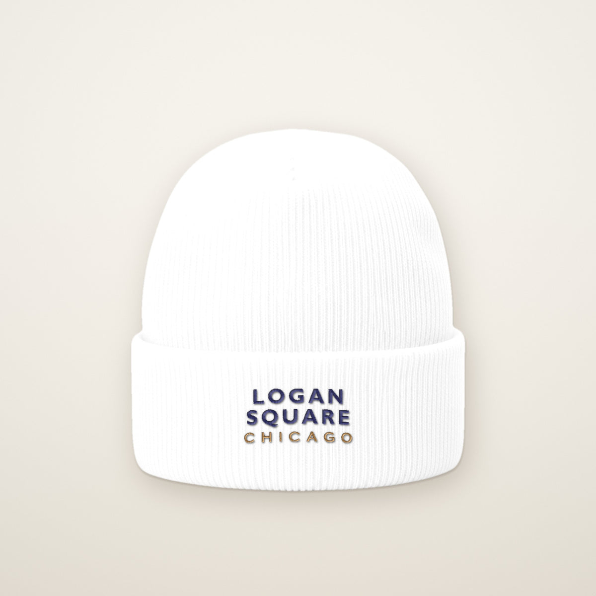Logan Square Chicago Embroidered Cuffed Beanie, White, front view