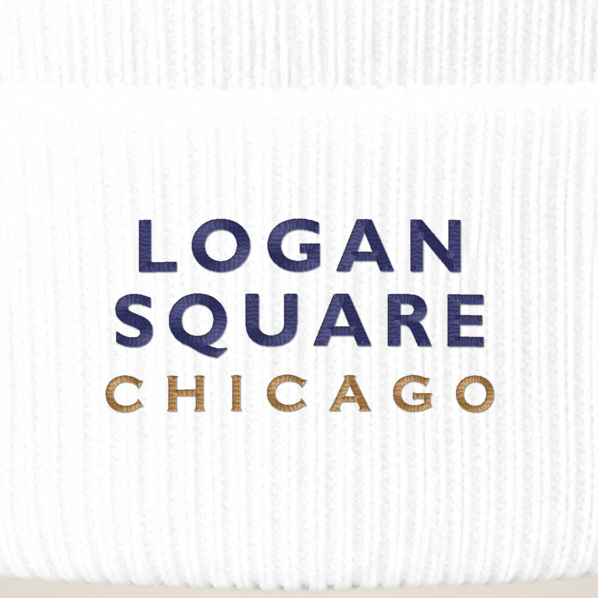 Logan Square Chicago embroidery close-up in navy and old gold thread