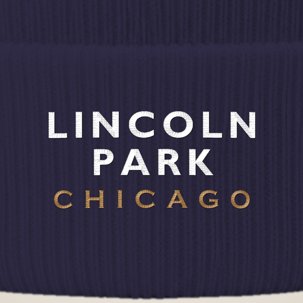 Lincoln Park Chicago embroidery close-up in white and old gold thread