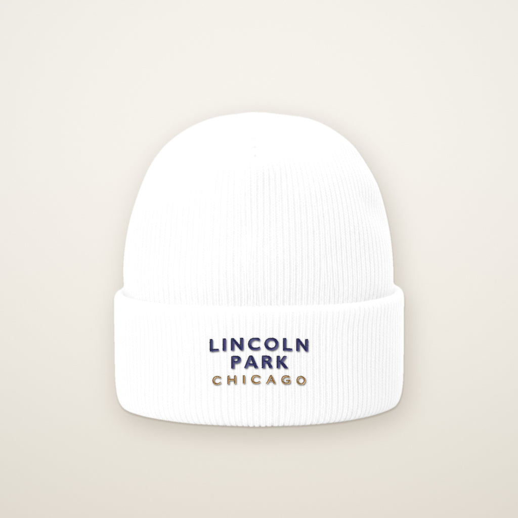Lincoln Park Chicago Embroidered Cuffed Beanie, White