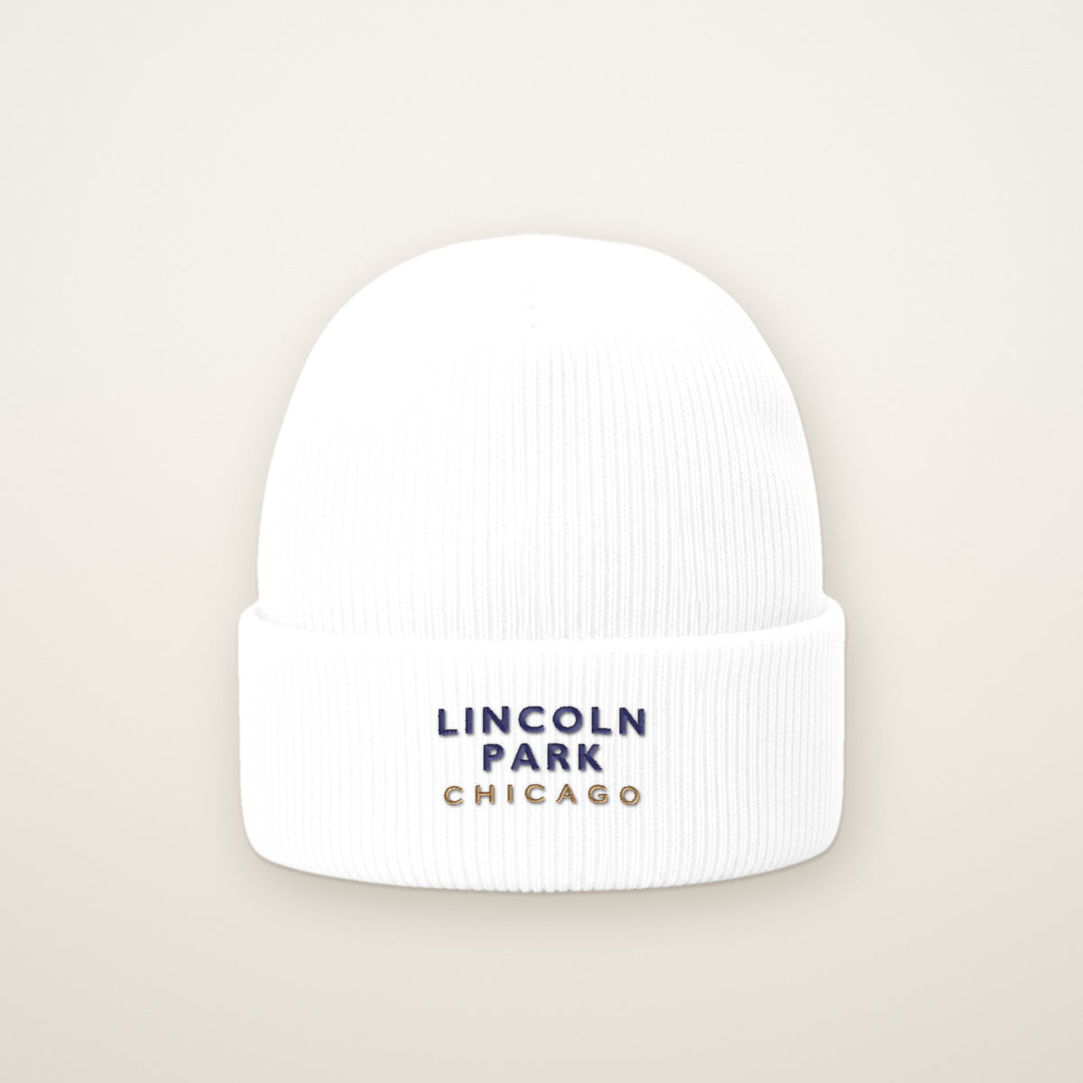 Lincoln Park Chicago Embroidered Cuffed Beanie, White, front view