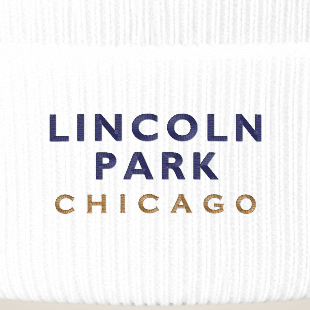 Lincoln Park Chicago embroidery close-up in navy and old gold thread