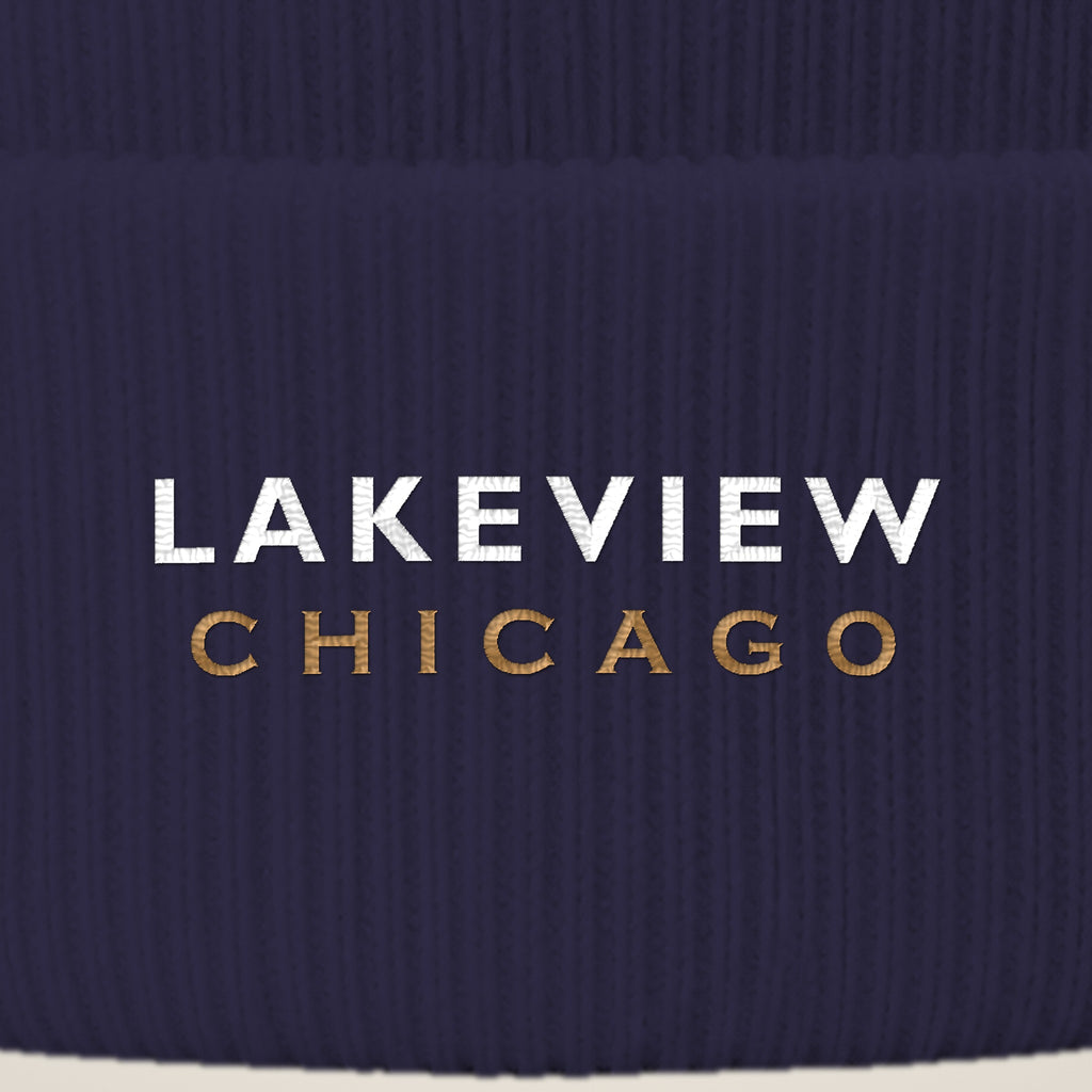 Lakeview Chicago embroidery close-up in white and old gold thread