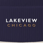Lakeview Chicago embroidery close-up in white and old gold thread