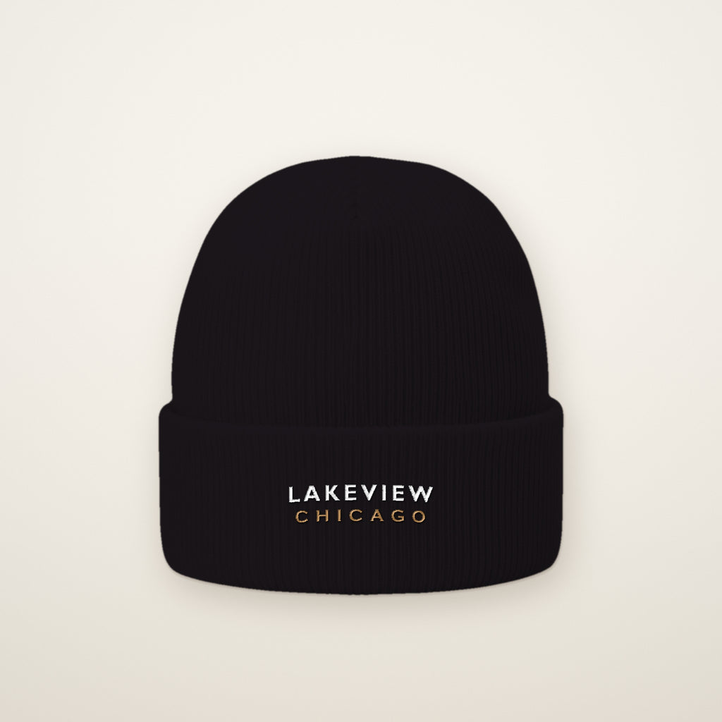 Lakeview Chicago Embroidered Cuffed Beanie in Black