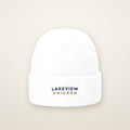 Lakeview Chicago Embroidered Cuffed Beanie, Navy Thread, White