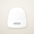 Lakeview Chicago Embroidered Cuffed Beanie, Navy Thread, White