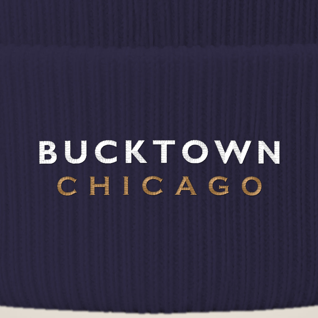 Bucktown Chicago embroidery close-up in white and old gold thread