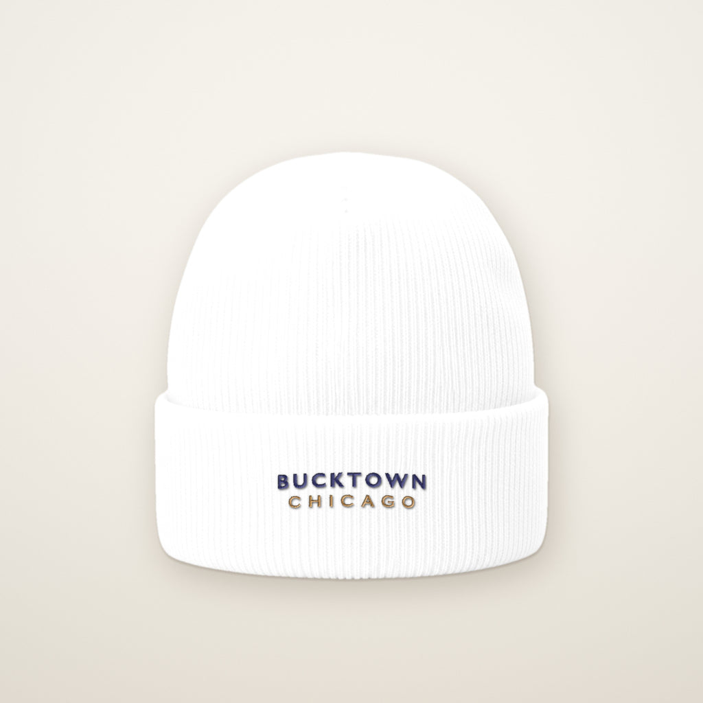 Bucktown Chicago Embroidered Cuffed Beanie, White, front view