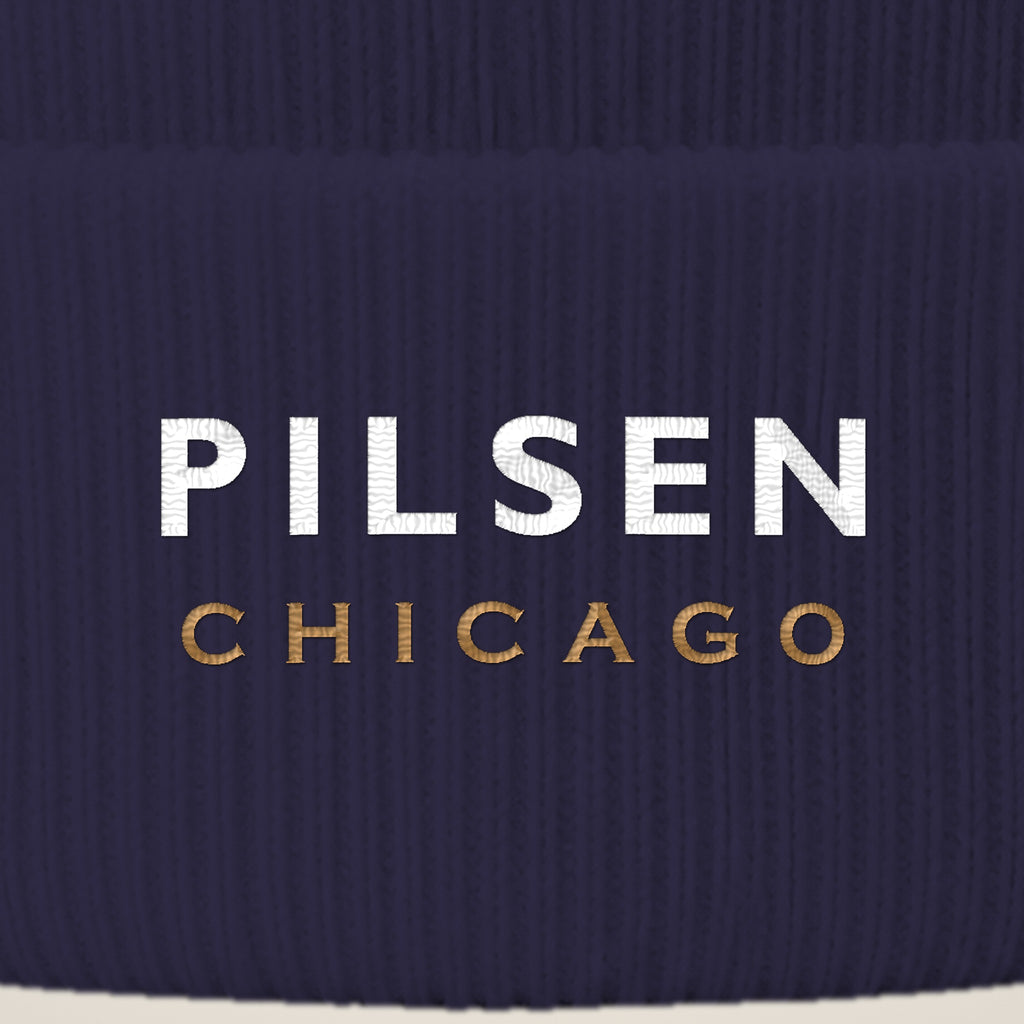 Pilsen Chicago embroidery close-up in white and old gold thread