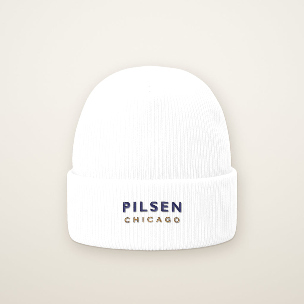 Pilsen Chicago Embroidered Cuffed Beanie, White, front view