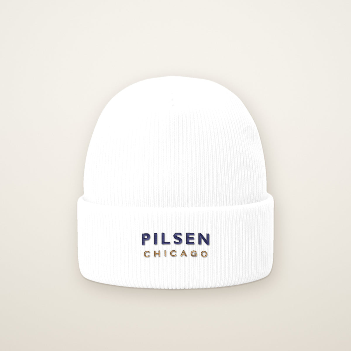 Pilsen Chicago Embroidered Cuffed Beanie, White, front view