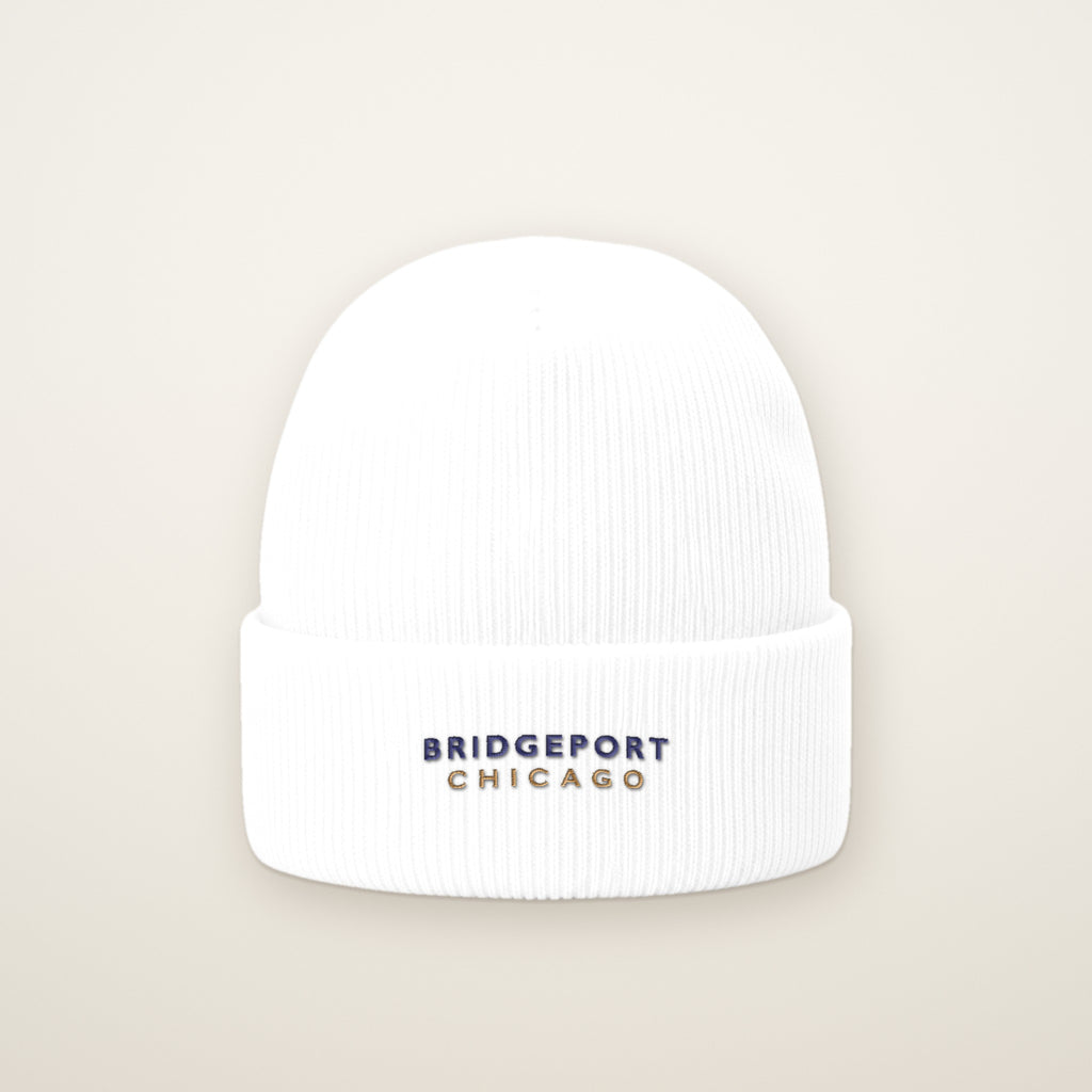 Bridgeport Chicago Embroidered Cuffed Beanie, White, front view