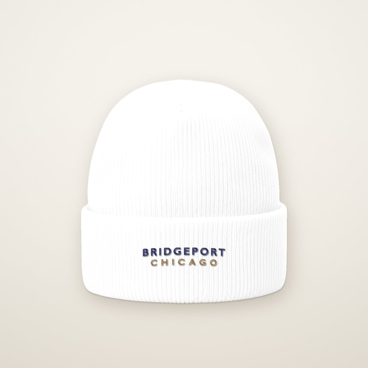 Bridgeport Chicago Embroidered Cuffed Beanie, White, front view