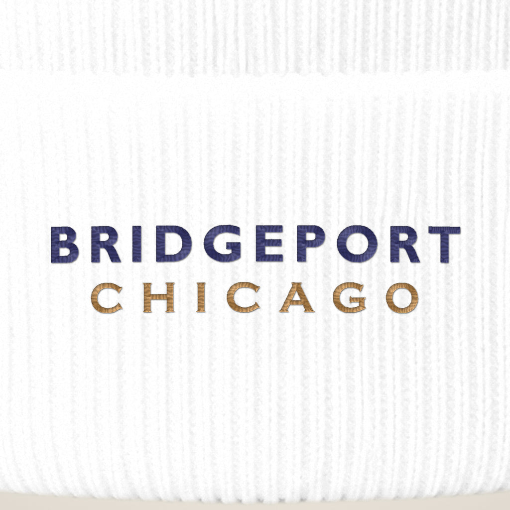 Bridgeport Chicago embroidery close-up in navy and old gold thread